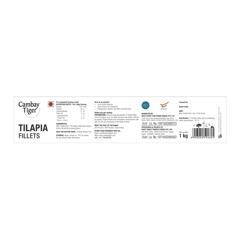 Tilapia Fillets - Antibiotics And Hormone Free - Cambay Tiger - 1000gm