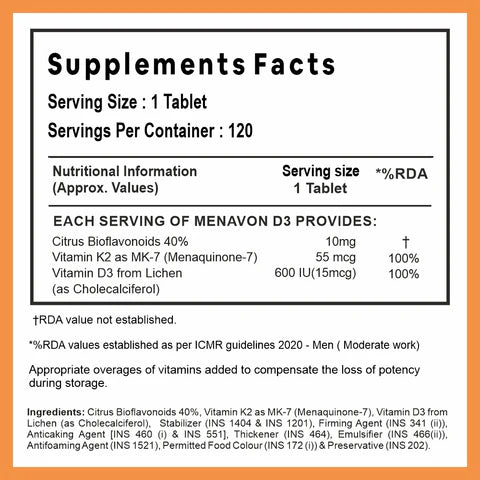 Vitamin D3+K2 | Menavon-D3 (Lichen Source With Vitamin K2 MK7) - Supports Bone Health & Immunity - Plant Based - Carbamide Forte - 120 Veg Tablets