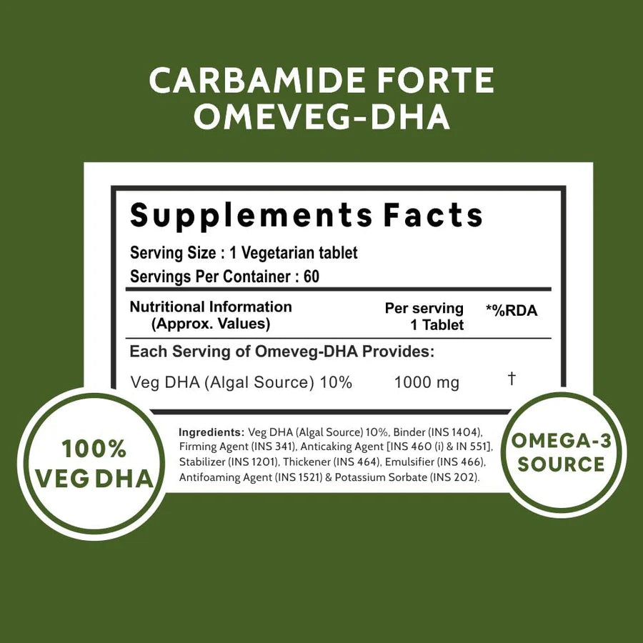 Omega 3 | Omeveg - DHA - Vegetarian - Algal DHA 10% - Plant Based - Supports Heart, Joints, Brain & Immunity - Vegan, Gluten Free, Cruelty Free, Paraben Free, Fish Free & Non GMO - Carbamide Forte -(1000mg) 60 Tablets