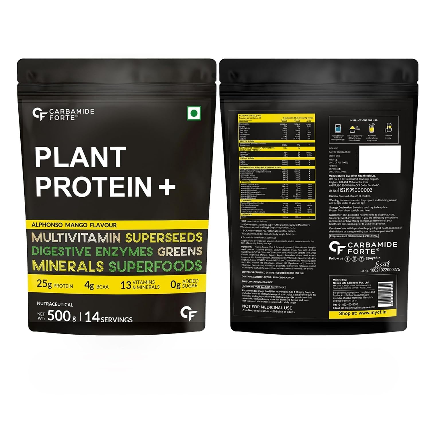 Protein Powder | Plant Based Protein Powder (With Multivitamin, Minerals, Superfoods, Pea Protein, Digestive Enzymes) - 25g Protein - Alphonso Mango - No Added Sugar - Carbamide Forte - 500gm