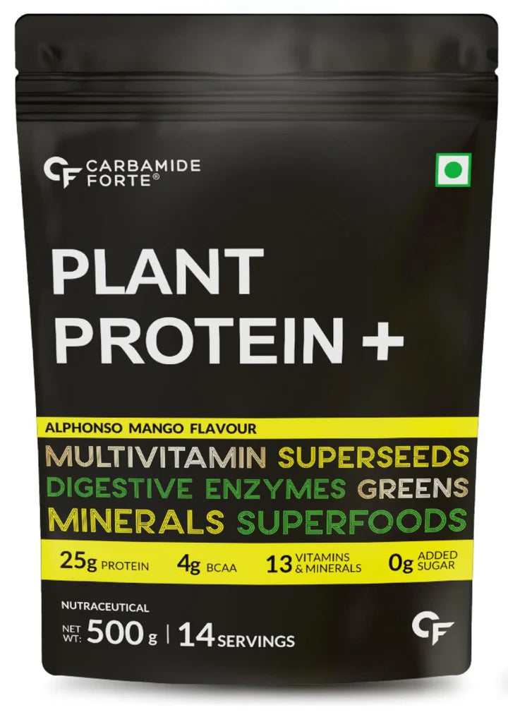 Protein Powder | Plant Based Protein Powder (With Multivitamin, Minerals, Superfoods, Pea Protein, Digestive Enzymes) - 25g Protein - Alphonso Mango - No Added Sugar - Carbamide Forte - 500gm