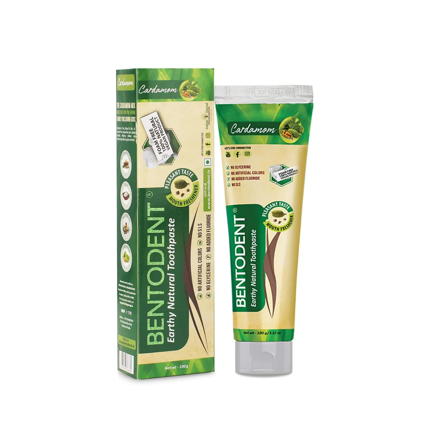Toothpaste | Cardamom - Vegan, Gluten Free, Glycerin Free, Fluoride Free & No Added Artificial Colors - Bentodent - 100gm