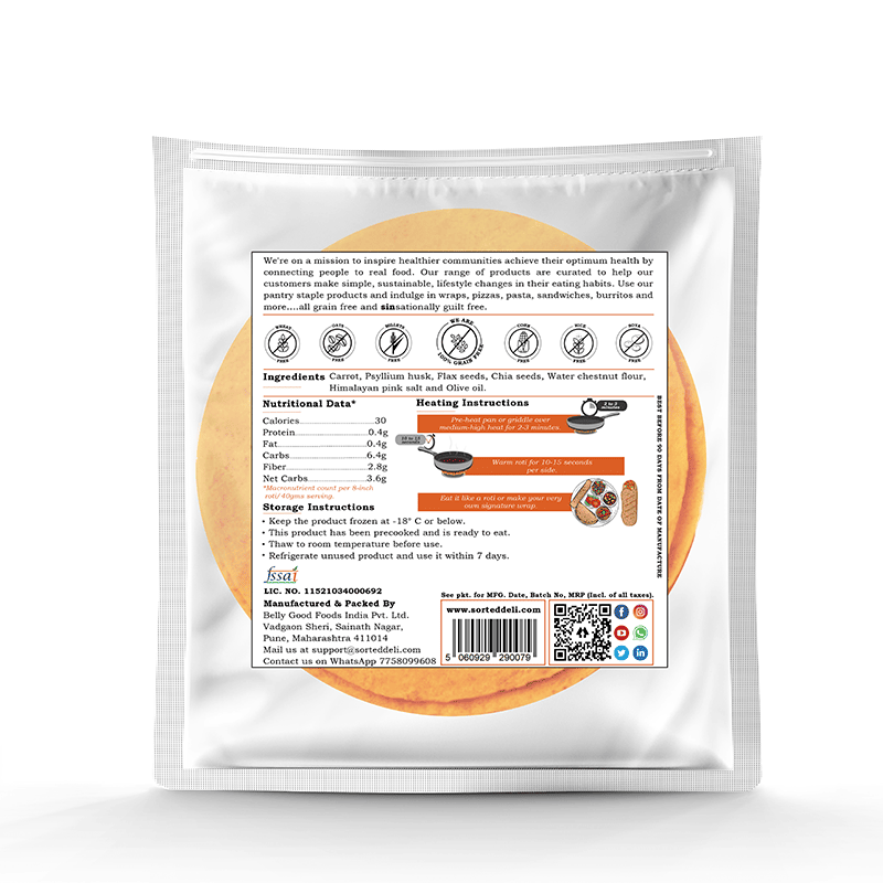 Tortilla | Carrot Roti - Wrap – Vegan, Gluten Free, No Maida, Keto Friendly, Diabetic Friendly & No Additives – Get Sorted – Pack Of 5