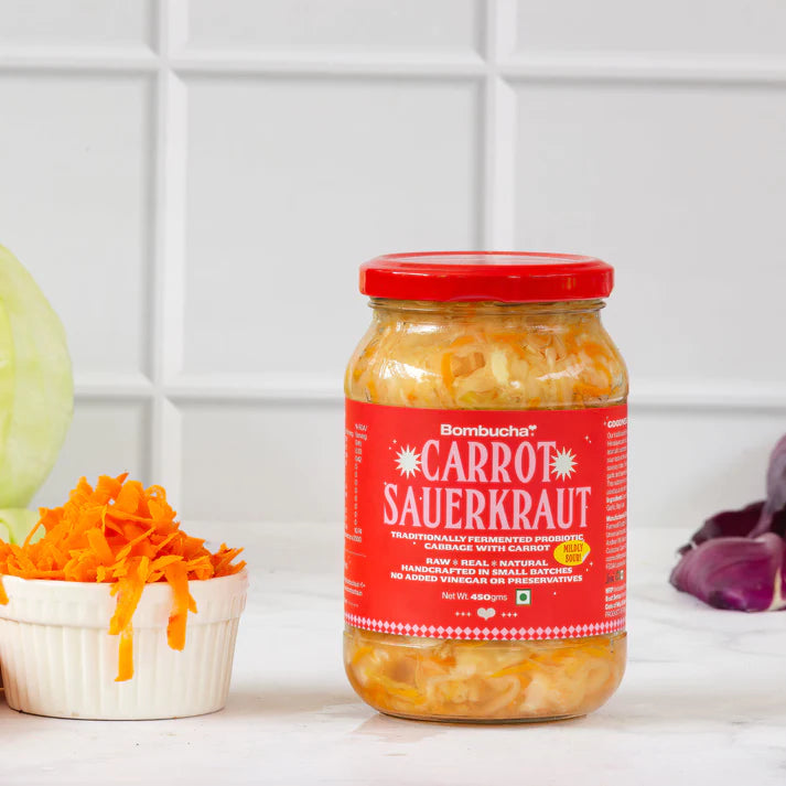 Carrot Sauerkraut | Traditionally Fermented Probiotic Cabbage - With Carrot - Raw - Real - Natural - Vegan, No Added Vinegar & No Added Preservatives - Bombucha - 450gm