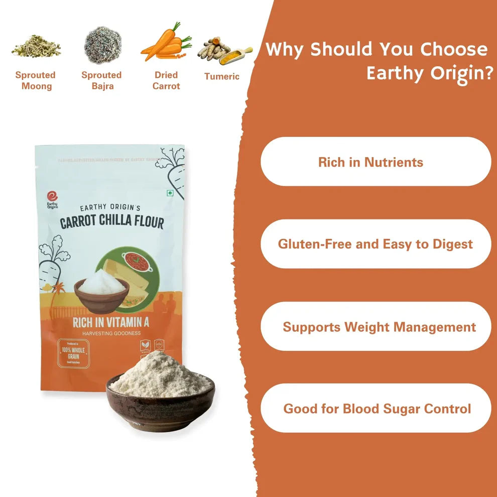Flour | Carrot Chilla Flour - 100% Whole Grain - Naturally Gluten Free, Preservatives Free, High In Vitamin A - Earthy Origins - 250gm
