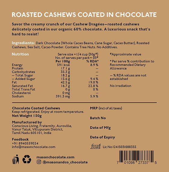 Chocolate | Chocolate Coated Cashew Dragées - Pure & Natural - Plant Based - No Additives - Mason & Co - 150gm
