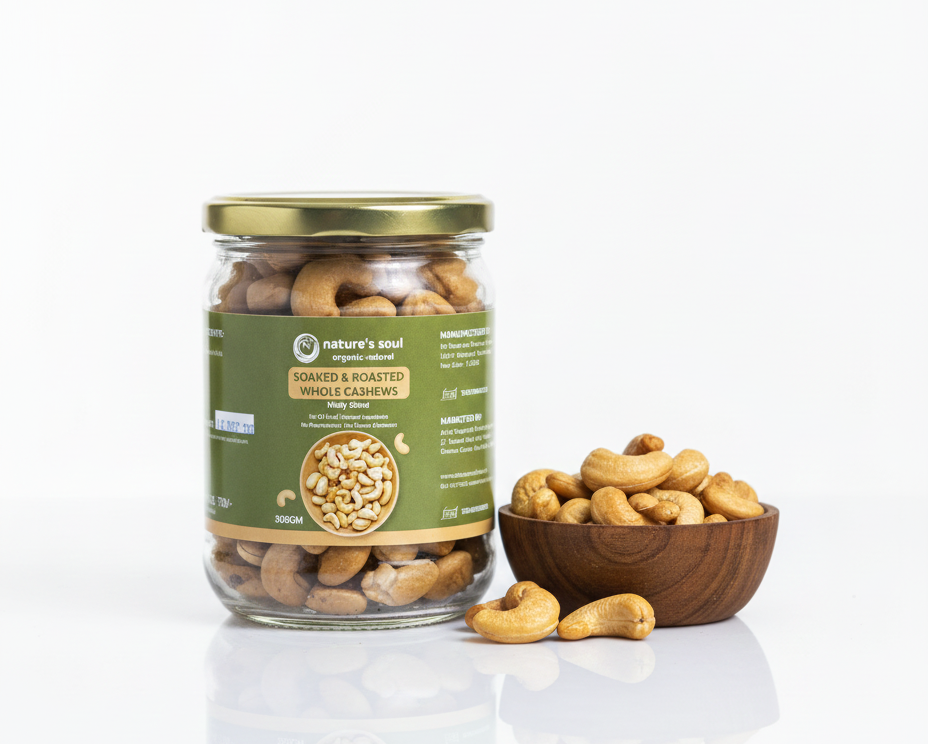 Cashew | Whole - Soaked & Roasted - Mildly Salted - No Oil Used - Natural Ingredients - Preservatives Free & No Flavour Enhancer - Nature&