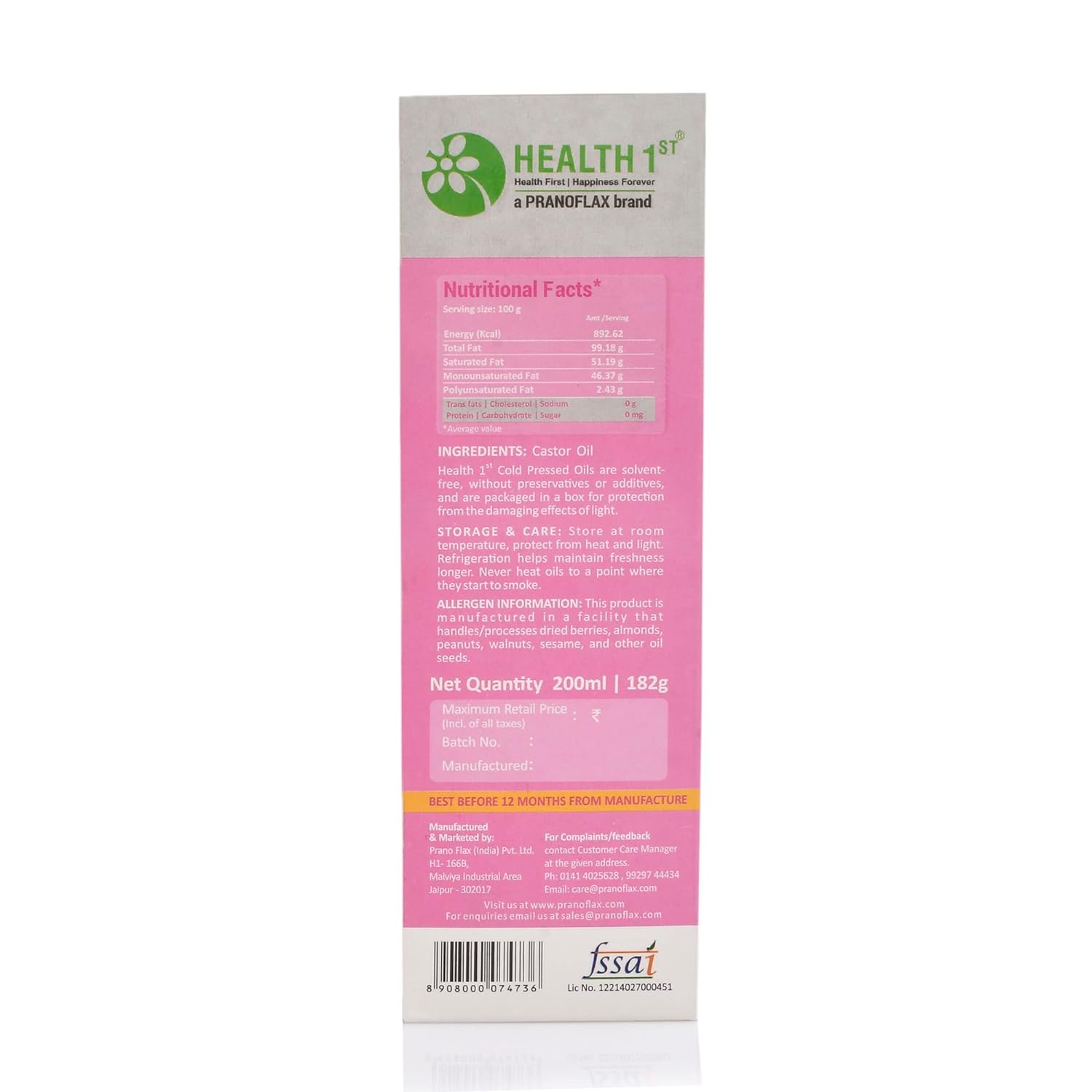 Castor Oil - Cold Pressed - Health 1st - 200ml