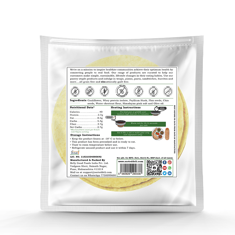 Tortilla | Cauliflower & Whey Protein Roti – Vegan, Gluten Free, No Maida, Diabetic Friendly & No Additives – Get Sorted - Pack Of 5