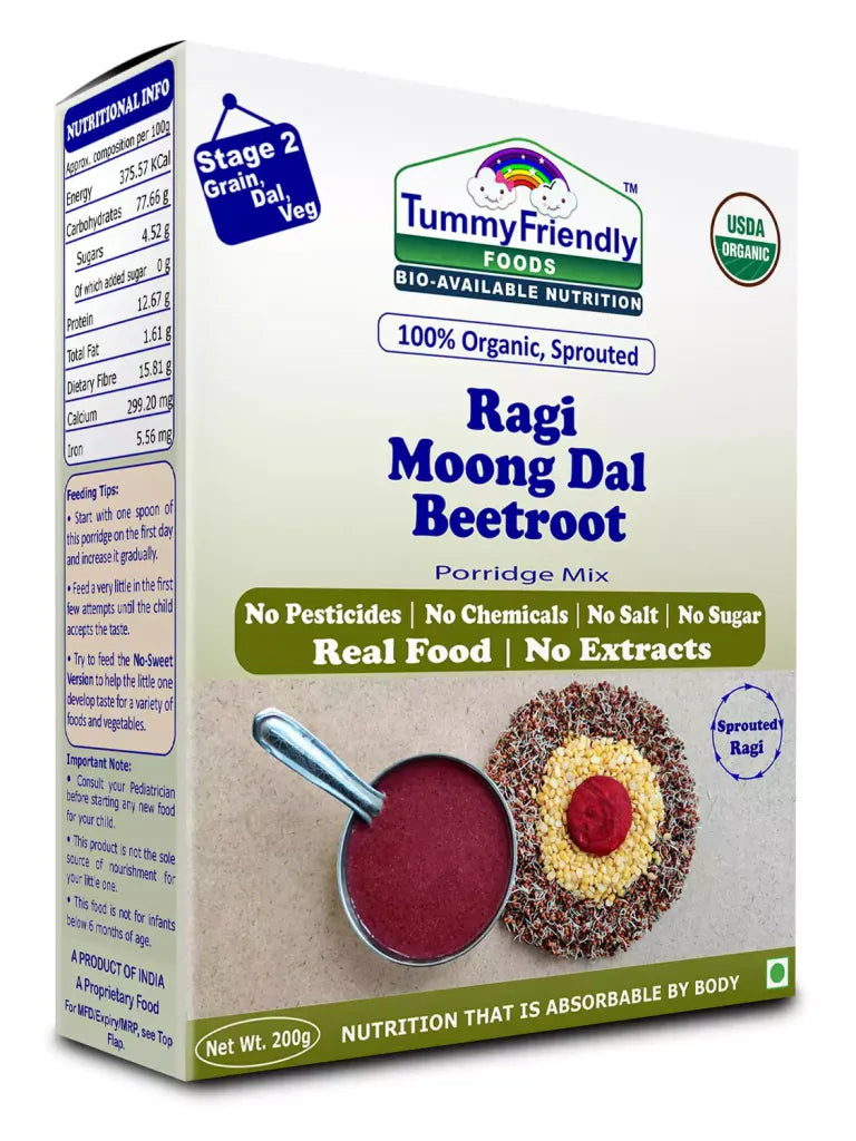 Porridge Mix | Cereal (Ragi Moong Dal Beetroot) – Organic – No Pesticides, Chemicals, Milk, Salt & No Added Sugar – Tummy Friendly – 200gm