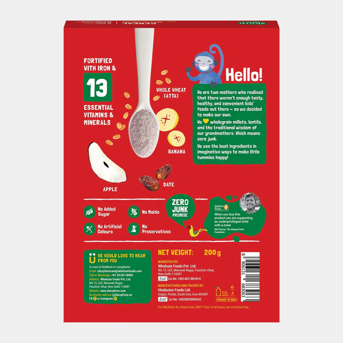 Cereal | Wheat, Apple & Date With Milk (Sweetened With Date Powder) - Instant Cereal - No Added Sugar - Slurrp Farm - 200gm