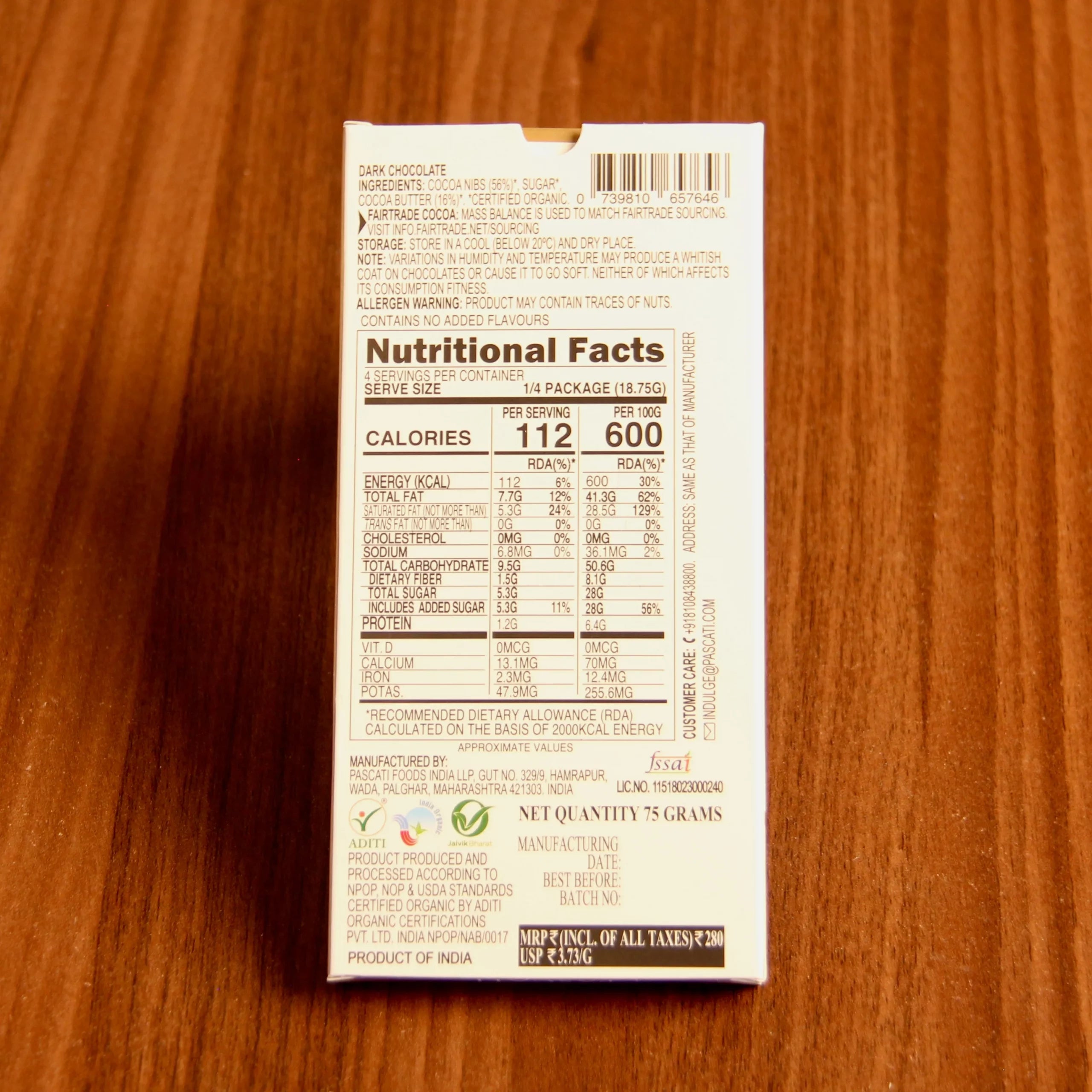 Dark Chocolate | 72% Dark Organic Chocolate - Vegan & Gluten Free - Pascati - 75gm