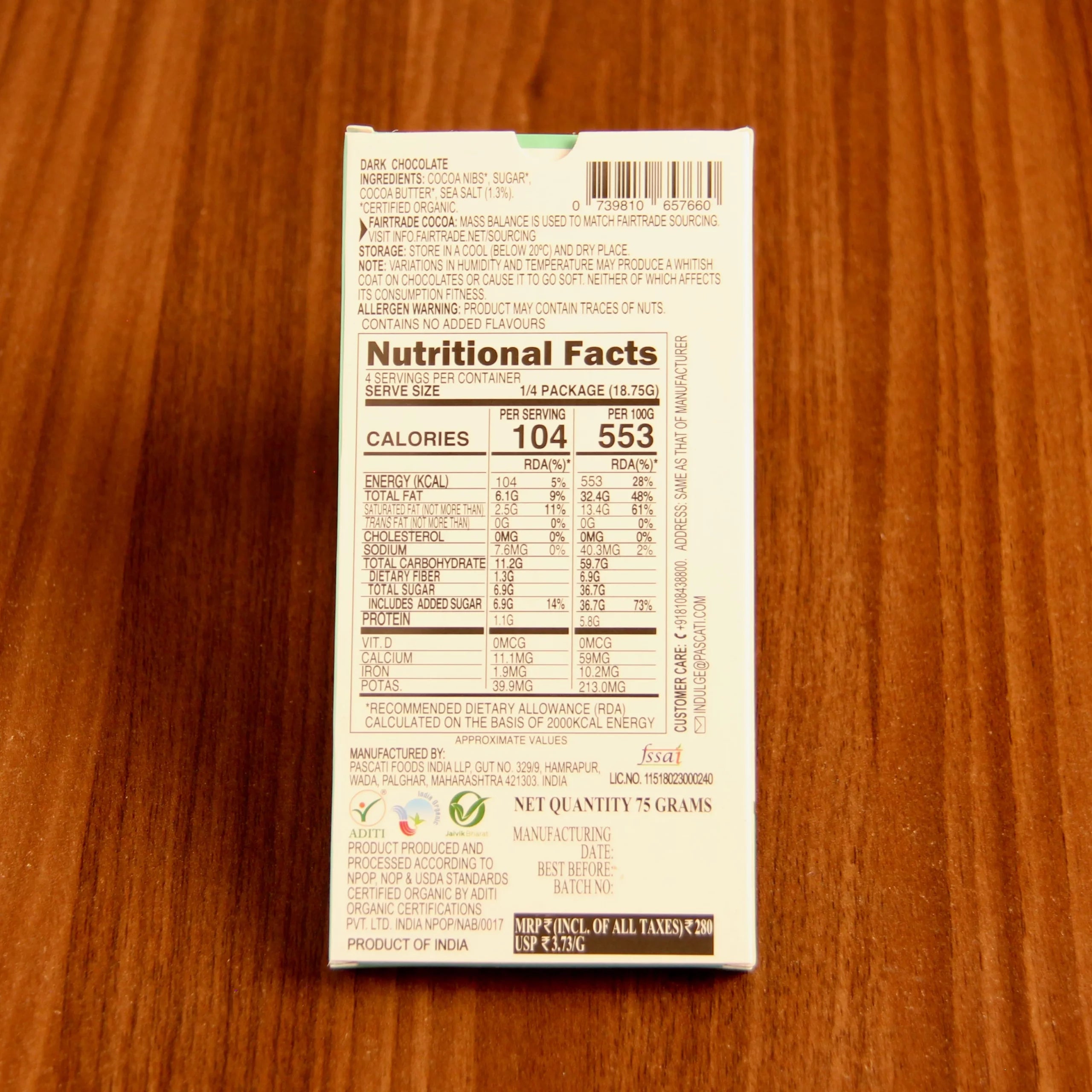 Chocolate Sea Salt - USDA Organic Chocolate - Vegan & Gluten Free - Pascati - 75gm