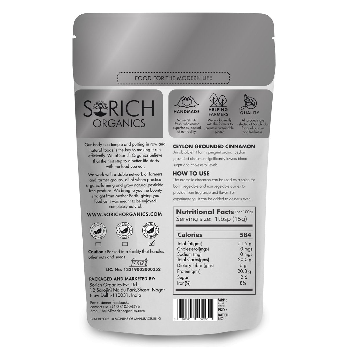 Ceylon Cinnamon Powder - Great Source Of Manganese, Anti-Bacterial In Nature, Rich In Vitamin K & Rich In Antioxidants - Sorich Organics - 200gm