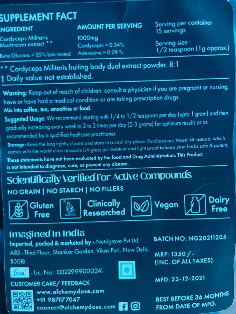 Chaga Powder | Immune Support – Vegan, Gluten Free, Dairy Free, Cholesterol Free, Soy Free, Peanut Free & Anti Inflammatory – Alchemy Dose – (15 Serving) – 15gm