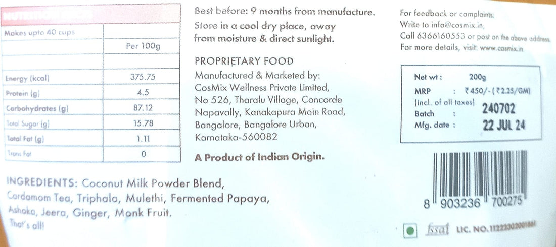 Chai Latte | Delicious, Gut Friendly & Convenient - No Refined Sugar Or Stevia & No Added Synthetic Flavours And Preservatives - Cosmix - 200gm