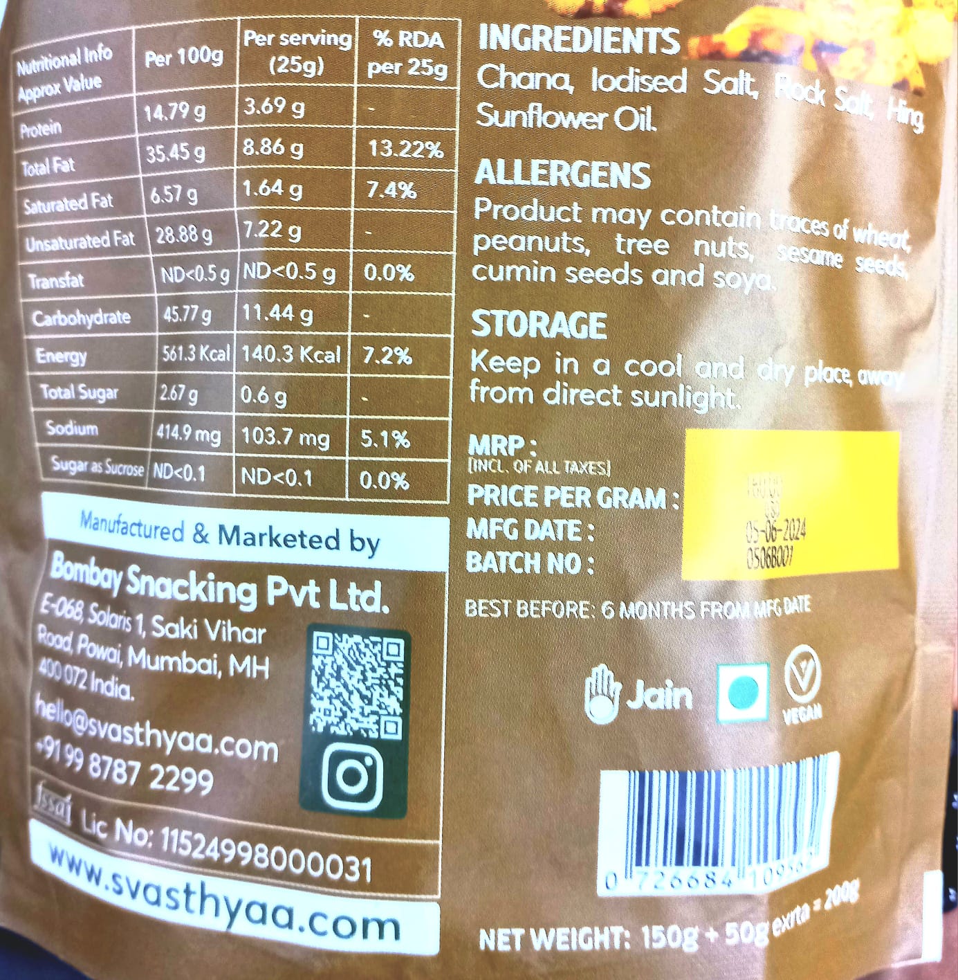 Chana Jor | 30g Protein - Roasted - Handmade - Vegan, Gluten Free, Jain Friendly, No Maida, No Palm Oil, High In Fibre And Protein - Svasthyaa - 200gm