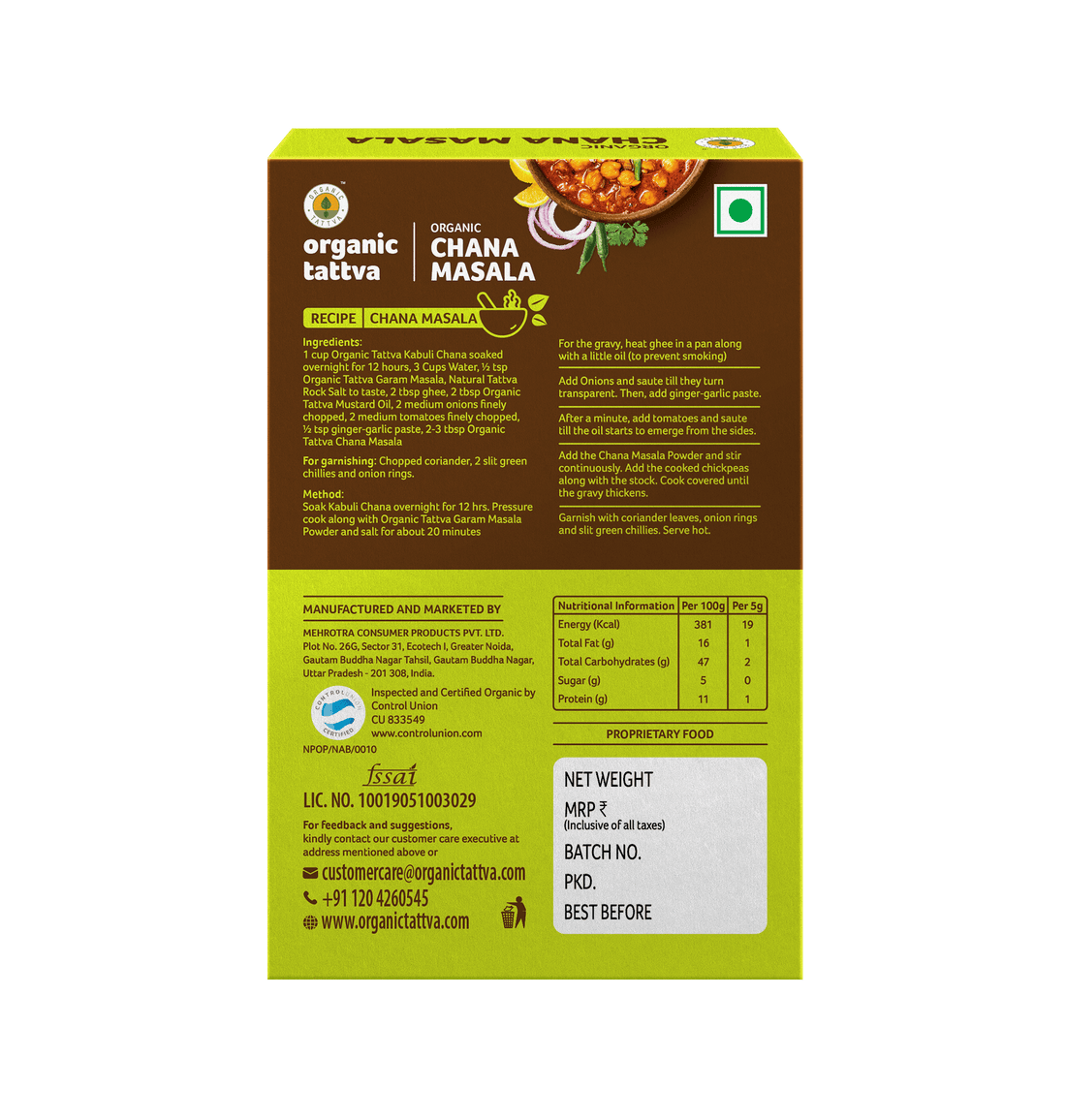 Chana Masala - USDA Organic - Vegan, Hearty North Indian Style Spice For Every Weekend Feast - Organic Tattva - 100gm