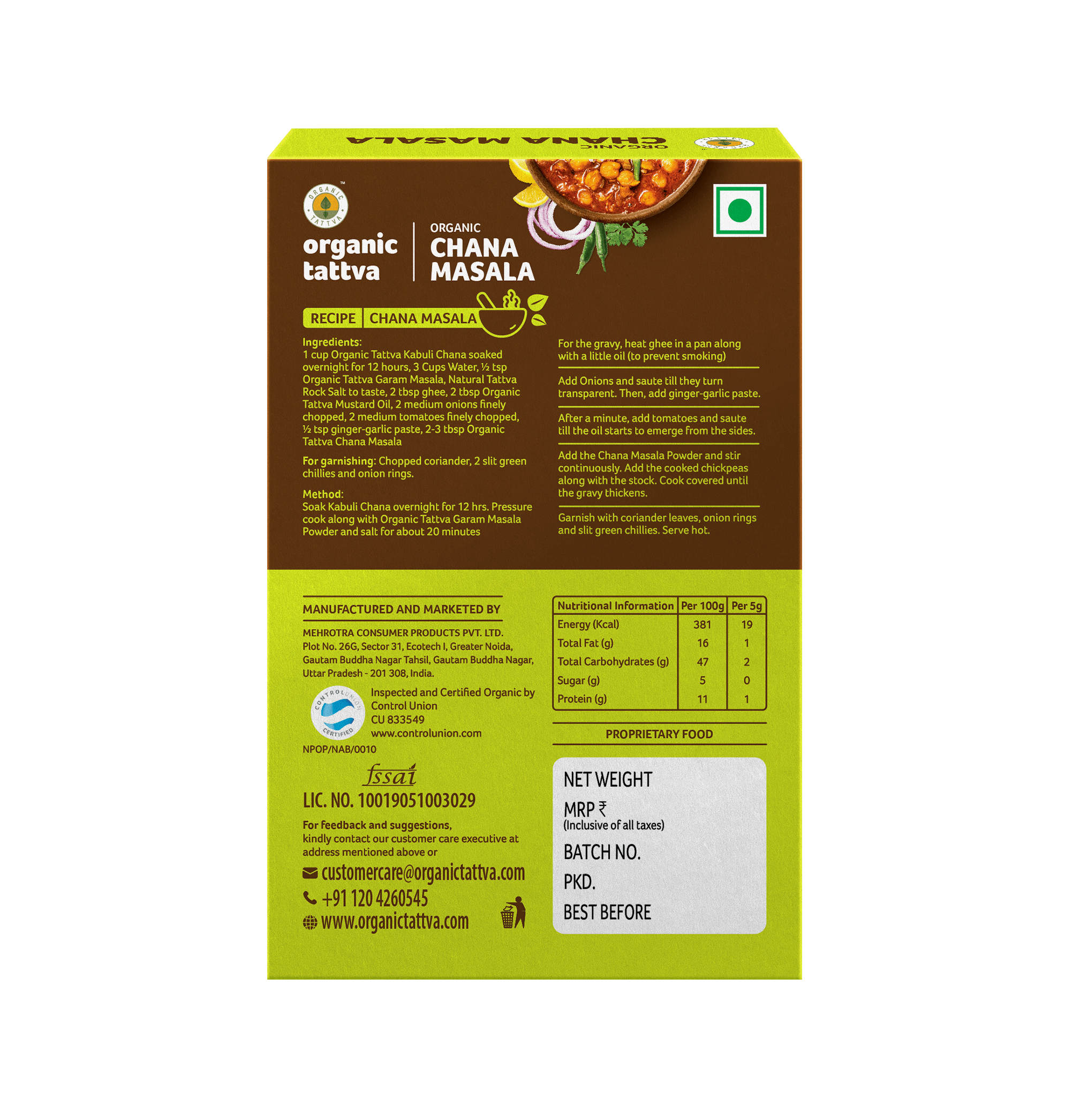 Chana Masala - USDA Organic - Vegan, Hearty North Indian Style Spice For Every Weekend Feast - Organic Tattva - 100gm
