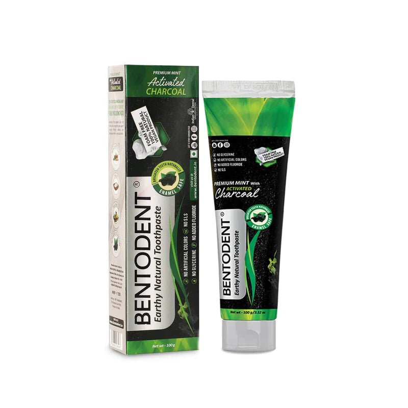 Toothpaste | Charcoal - Teeth Whitening - Vegan, Gluten Free, Glycerin Free, Fluoride Free & No Added Artificial Colors - Bentodent - 100gm