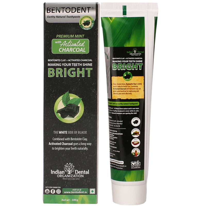 Toothpaste | Charcoal - Teeth Whitening - Vegan, Gluten Free, Glycerin Free, Fluoride Free & No Added Artificial Colors - Bentodent - 100gm