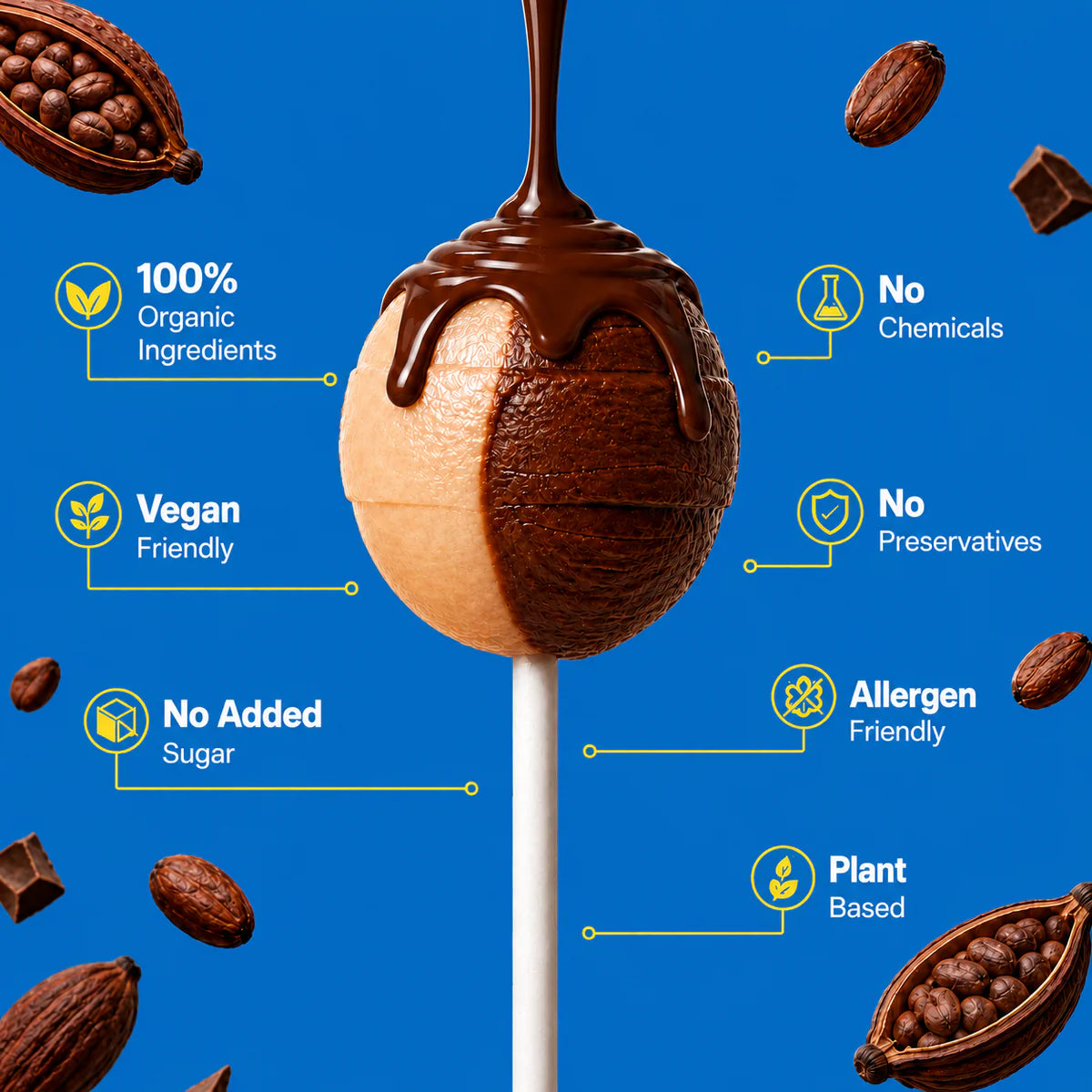 Lollipops | Organic Chocolate lollipops - Made With Real Fruit Pops - 100% Plant Based , Chemical Free, No Refined Sugar- Zushu - 12Pops - 114gm