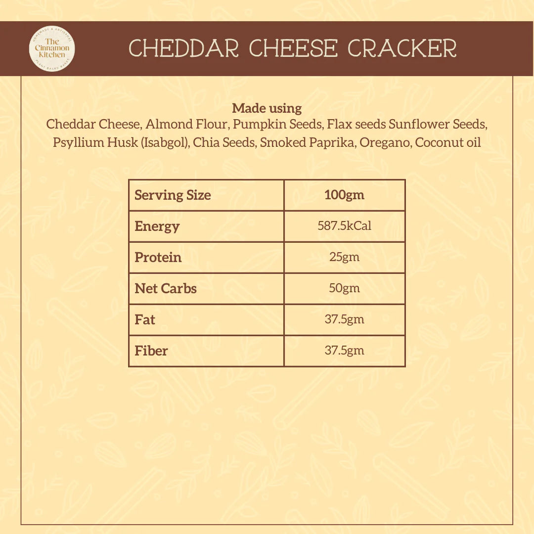 Cheddar Cheese Crackers - Vegan, Gluten Free, Sugar Free, Keto Friendly & Low Calorie - The Cinnamon Kitchen - 150gm