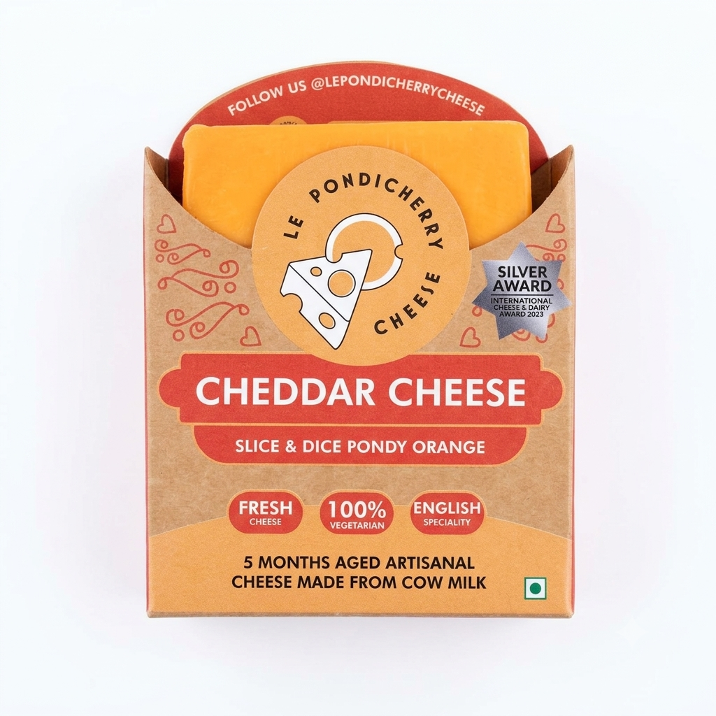 Cheese | Cheddar Cheese -100% vegetarian - Slice and Dice Pondy Orange - Fresh - 5 Months Aged Cheese - No Added Artificial Flavors & No Added Preservatives - Le Pondicherry Cheese – 200gm