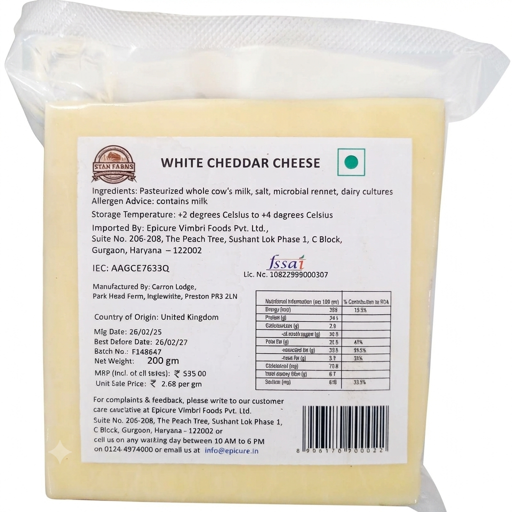 Mild Cheddar Cheese (White Cheddar Cheese) -Pasteurized - Natural Farming Traditions - Stan Farms - 200gm