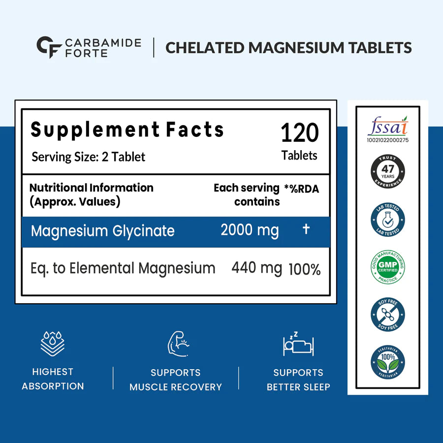 Chelated Magnesium Glycinate | Maginova - Supports Muscles Recovery And Sleep - 100% Vegetarian - Gluten Free, Non GMO, Dairy Free, Soy Free & Paraben Free - Carbamide Forte - (2000mg) - 120 Tablets