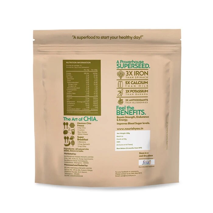 Seeds | Chia (White) - USDA Organic - Vegan, Gluten Free & Immunity Booster - Nourish You - 150gm