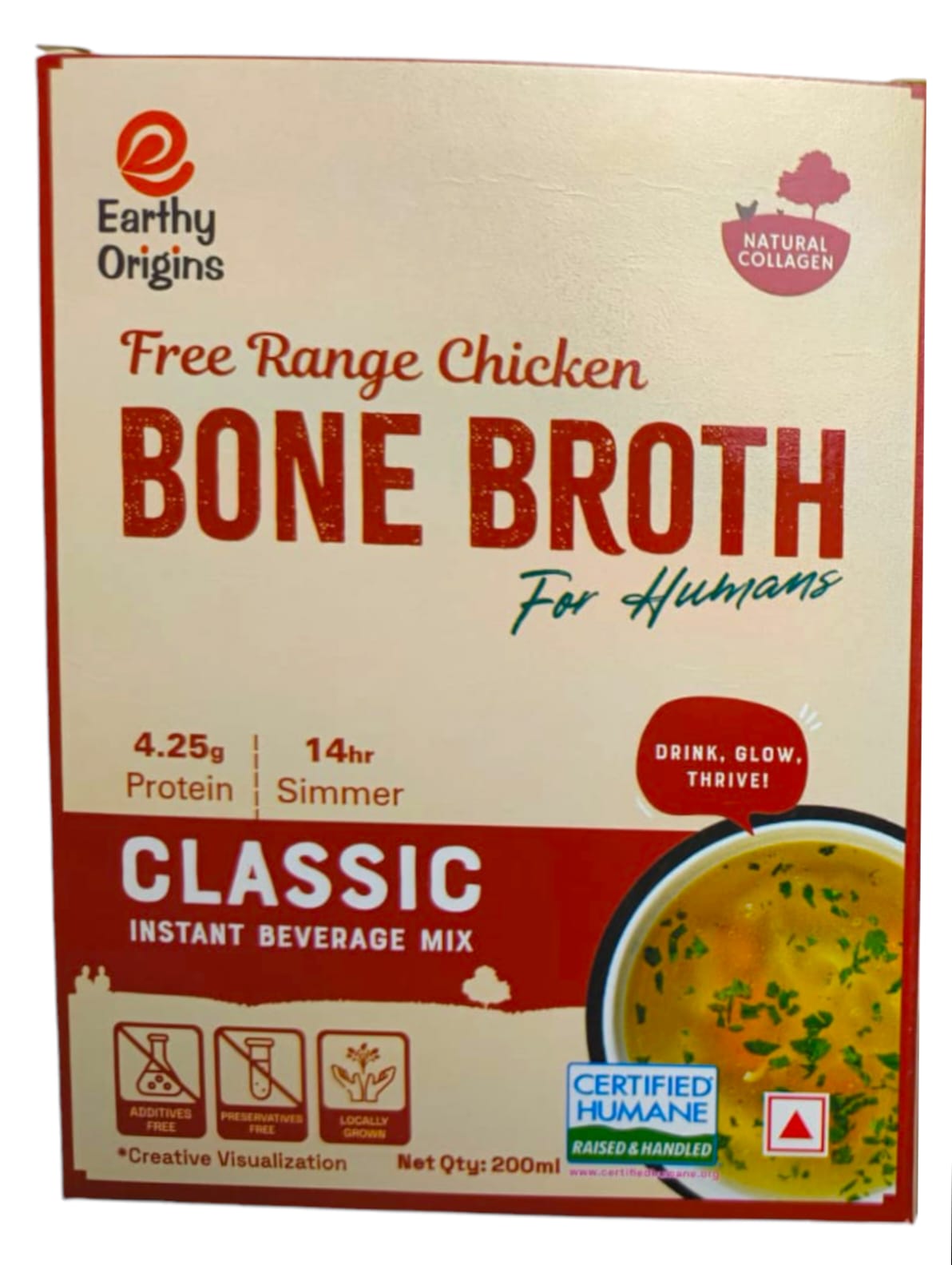 Chicken Bone Broth | Free Range Chicken - Classic Instant Beverage Mix - 4.25gm Protein - 14Hr Simmer - Natural Collagen - Drink, Glow, Thrive - Non GMO Certified – Grass Fed – No Antibiotics And Hormone Free - Earthy Origins - 200ml