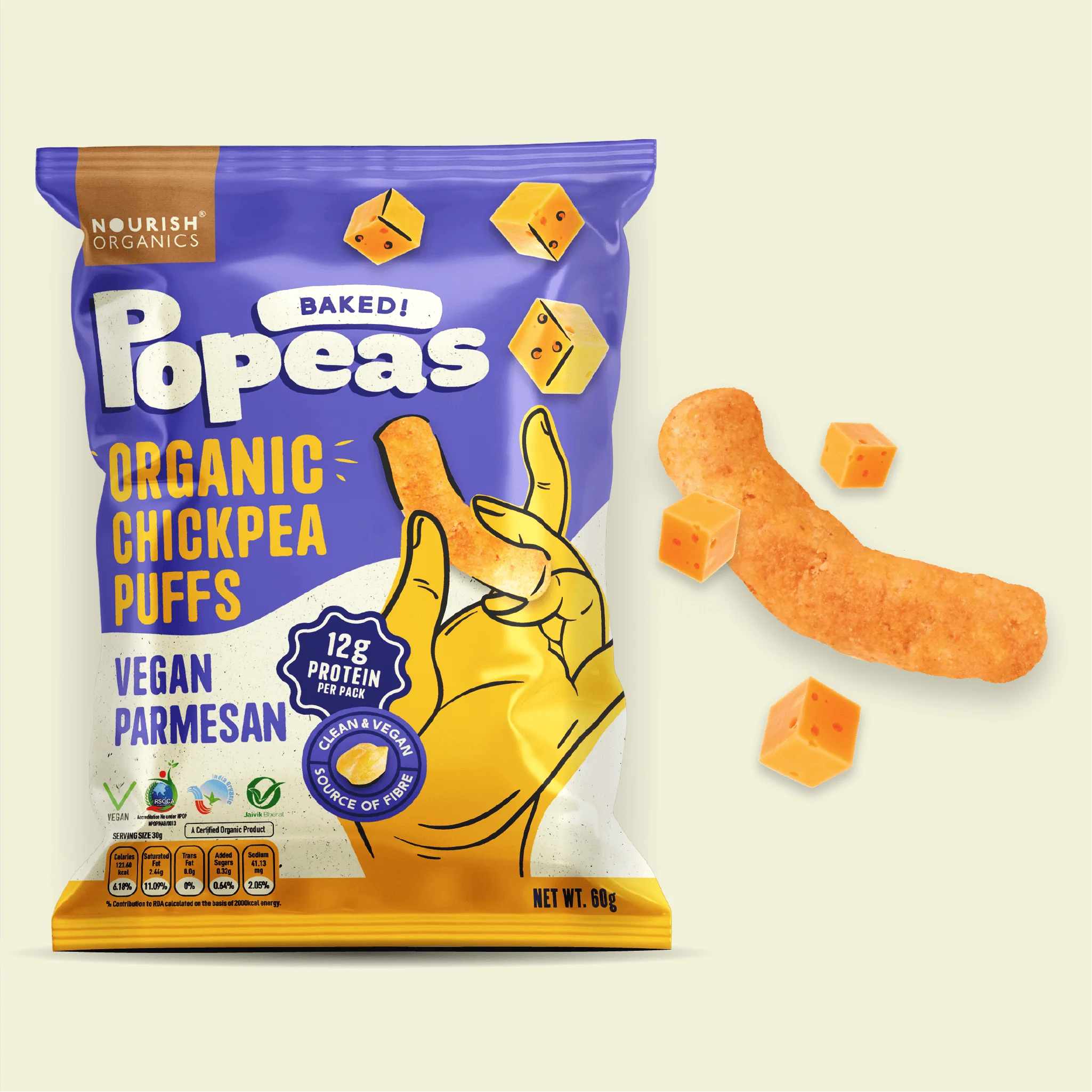 Chickpeas Puffs | Popeas (Baked) - Vegan Parmesan - 12gm Protein - Crunchy & Creamy With A Light Airy Texture - Organic - Gluten Free - Nourish Organics - 60gm