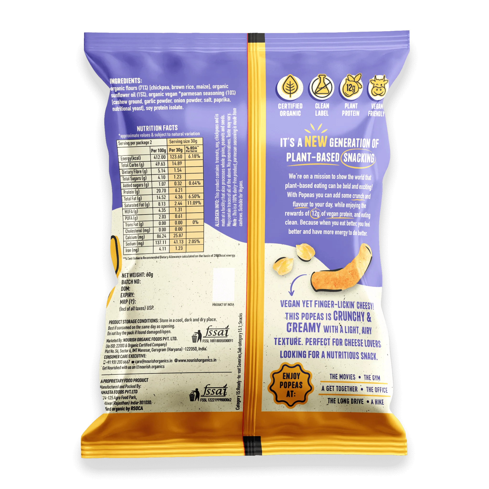 Chickpeas Puffs | Popeas (Baked) - Vegan Parmesan - 12gm Protein - Crunchy & Creamy With A Light Airy Texture - Organic - Gluten Free - Nourish Organics - 60gm