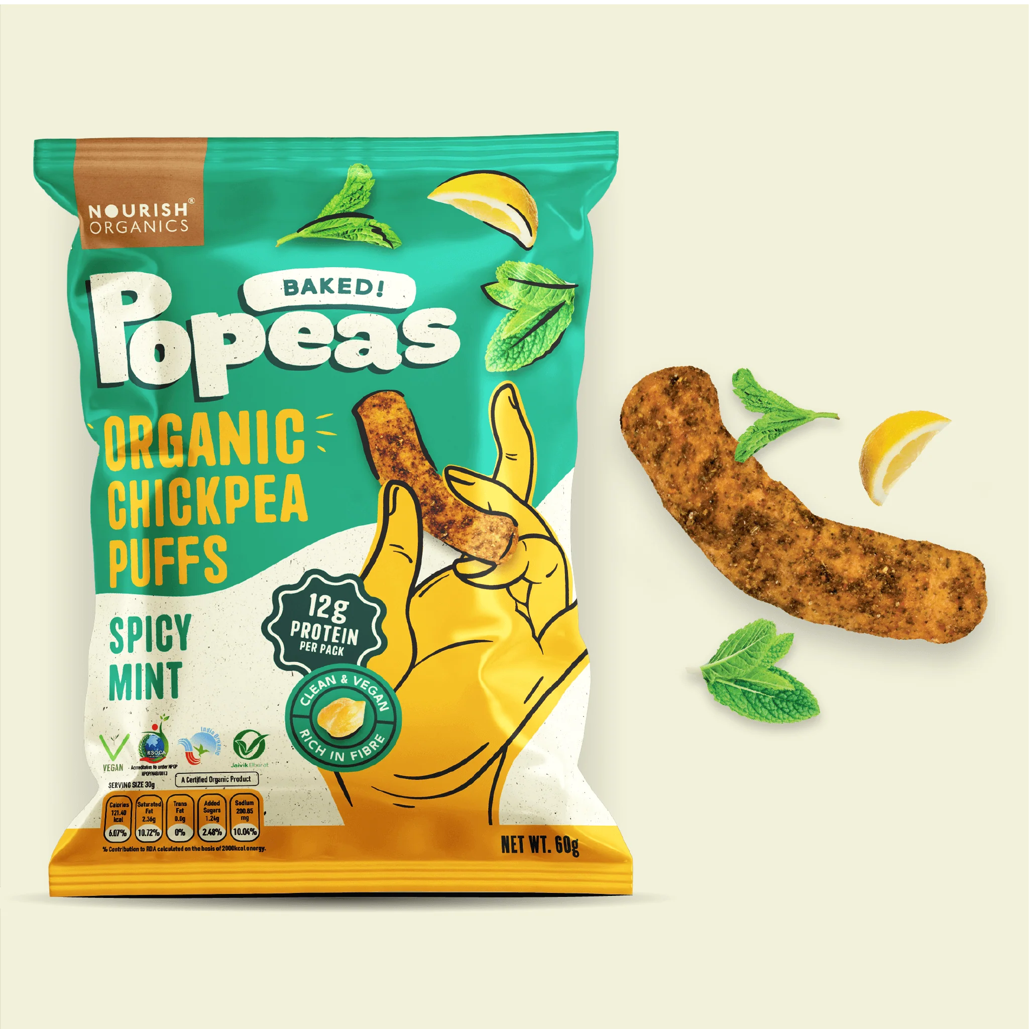 Chickpeas Puffs | Popeas (Baked) - Spicy Mint - 12gm Protein - Organic - Vegan & Gluten Free - Nourish Organics - 60gm