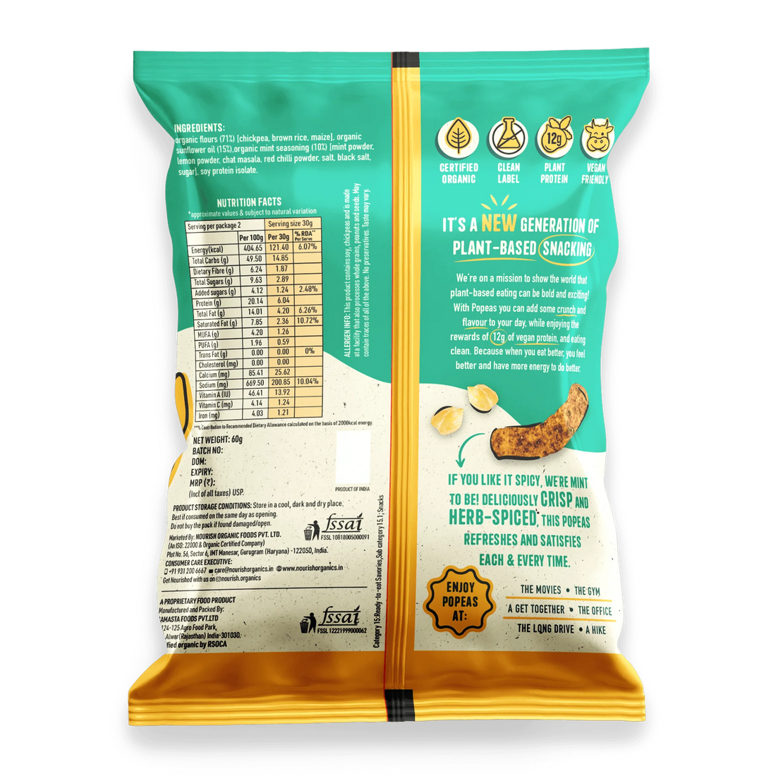 Chickpeas Puffs | Popeas (Baked) - Spicy Mint - 12gm Protein - Organic - Vegan & Gluten Free - Nourish Organics - 60gm