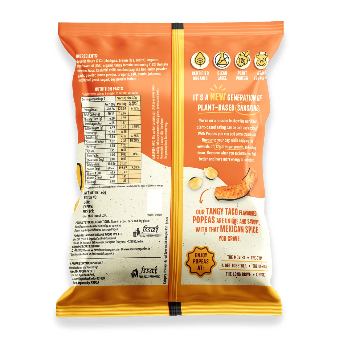 Chickpeas Puffs | Popeas (Baked) – Tangy Taco – 12gm Protein – Crispy & Tangy – Organic – Vegan & Gluten Free – Nourish Organics – 60gm