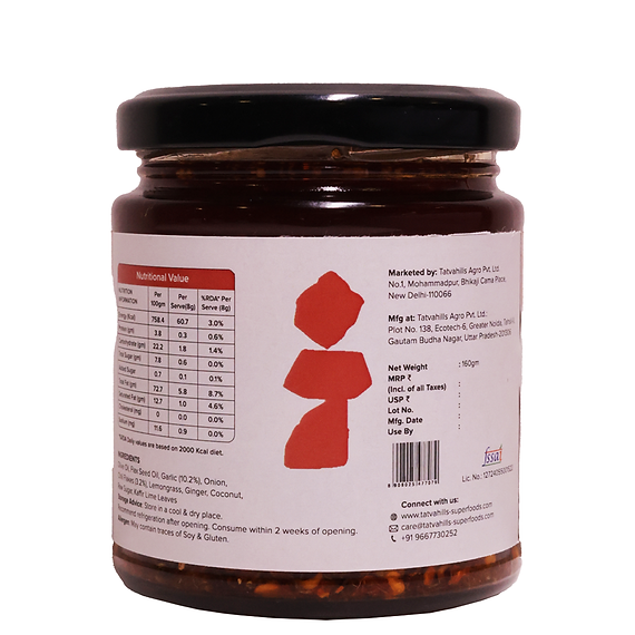Sauce | Chilli Garlic Crisp (Made With Olive Oil & Flax Seed Oil) – No Added Preservatives & Additives Free – Tatva Hills – 160gm