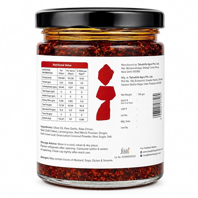 Chilli Oil | Spicy Garlic with Crispy Chilli Flakes & Olive Oil-All-Natural - Perfect for Noodles, Fried Rice, Dumplings, Toast & More - Handcrafted for Bold Flavour & Crunch-No Preservatives – Tatva Hills – 150gm