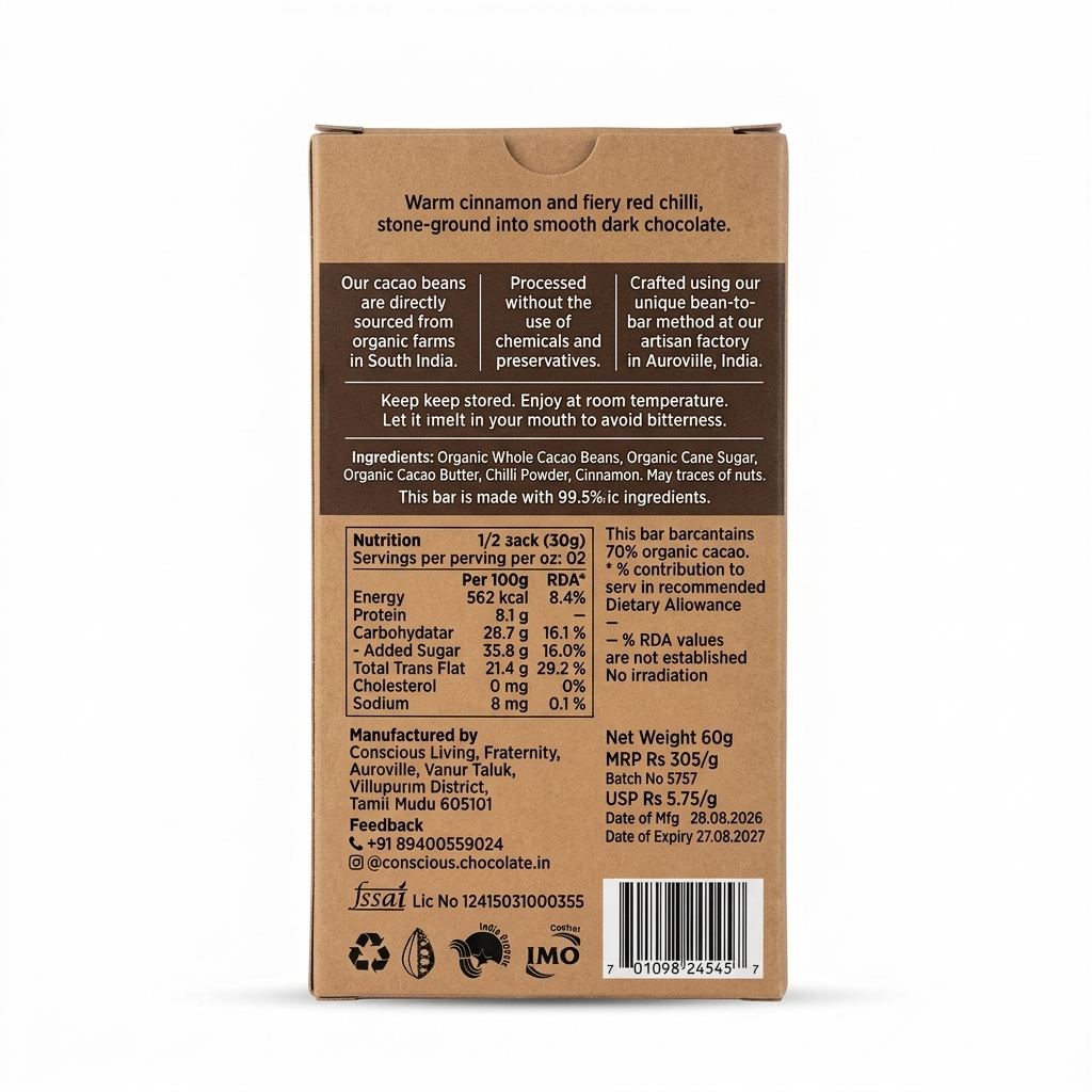 70% Chilli & Cinnamon Dark Chocolate Bar – Vegan, Gluten Free & Soy Free - Conscious Living – 60gm