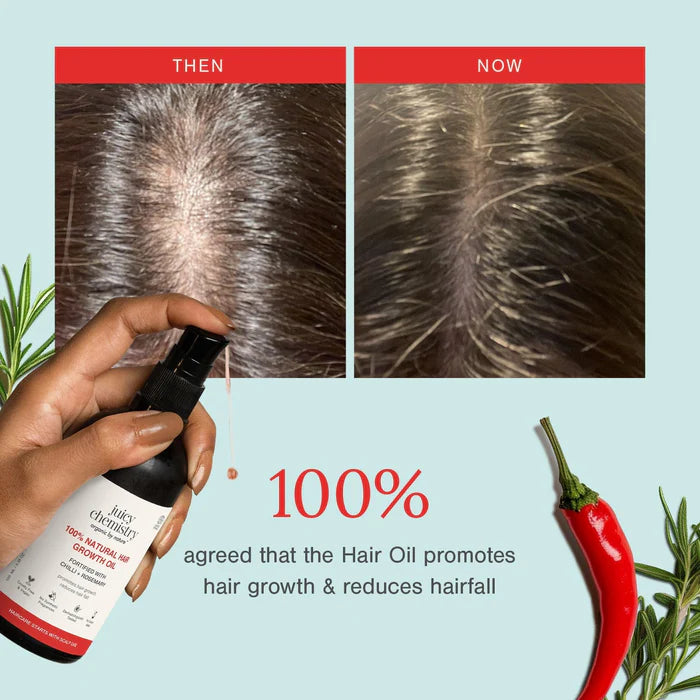 Hair Oil | 100% Natural Hair Growth Oil with Chilli + Rosemary –Cruelty Free & Vegan, Reduces Hair Fall- No Added Colours Added & No Synthetic Fragrance Oils - Juicy Chemistry – 100ml