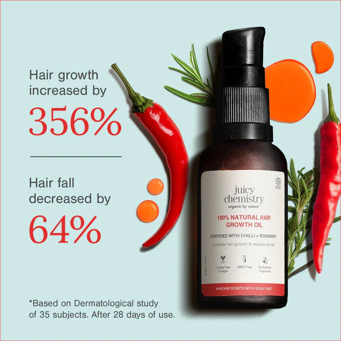 Hair Oil | 100% Natural Hair Growth Oil with Chilli + Rosemary –Cruelty Free & Vegan, Reduces Hair Fall- No Added Colours Added & No Synthetic Fragrance Oils - Juicy Chemistry – 100ml