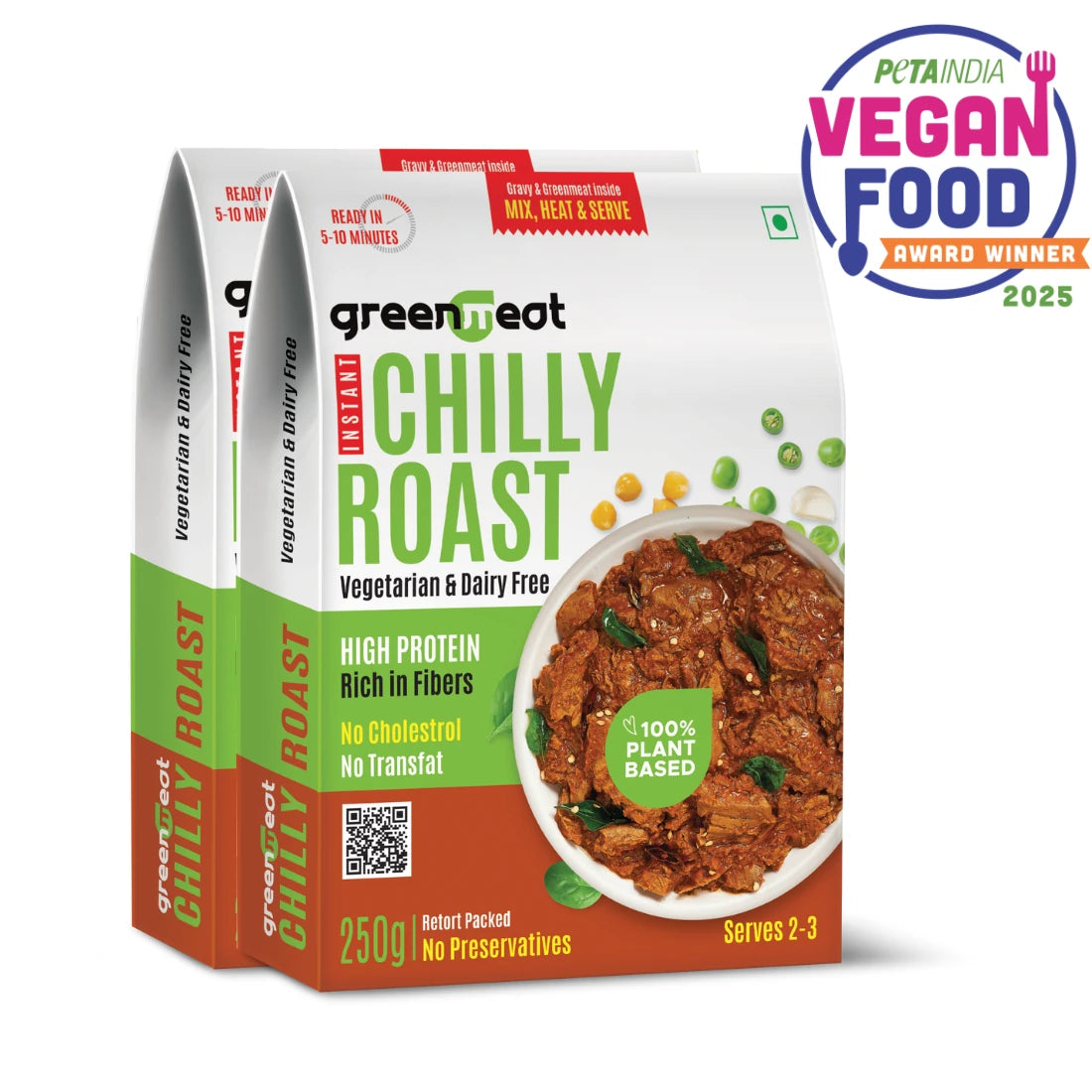 Chilly Roast Instant -Vegetarian & Dairy Free , 100% Plant Based - Easy To Cook, Ready To Eat - Heigh Protein, Rich Fibers – No Added Preservatives, No Cholestrol, No Trans Fat –Greenmeat – (2 - 3 Serving) – 250gm