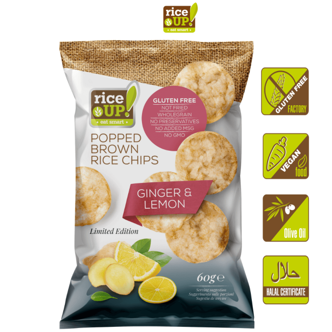 Chips | Popped Brown Rice (Ginger & Lemon) - Vegan, Gluten Free, No Preservatives & Non GMO - RiceUp - 60gm