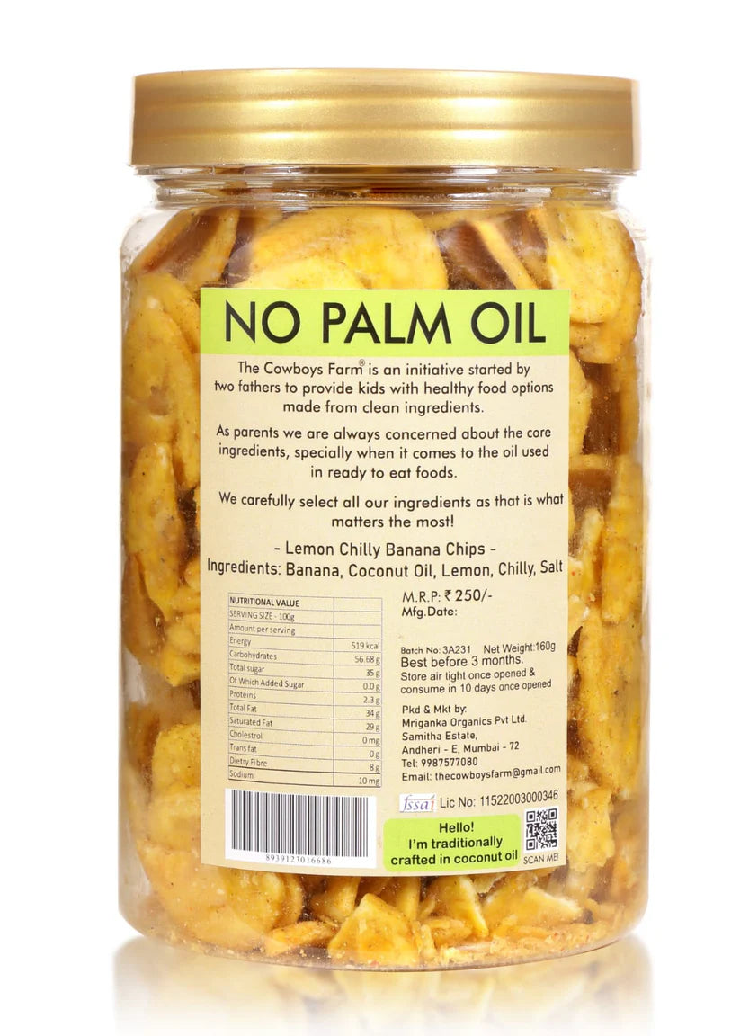 Chips | Lemon Chilly Banana Chips - 100% Plant Based - No Onion, No Garlic, No Palm Oil & No Added Preservatives - The Cow Boys Farm – 160gm