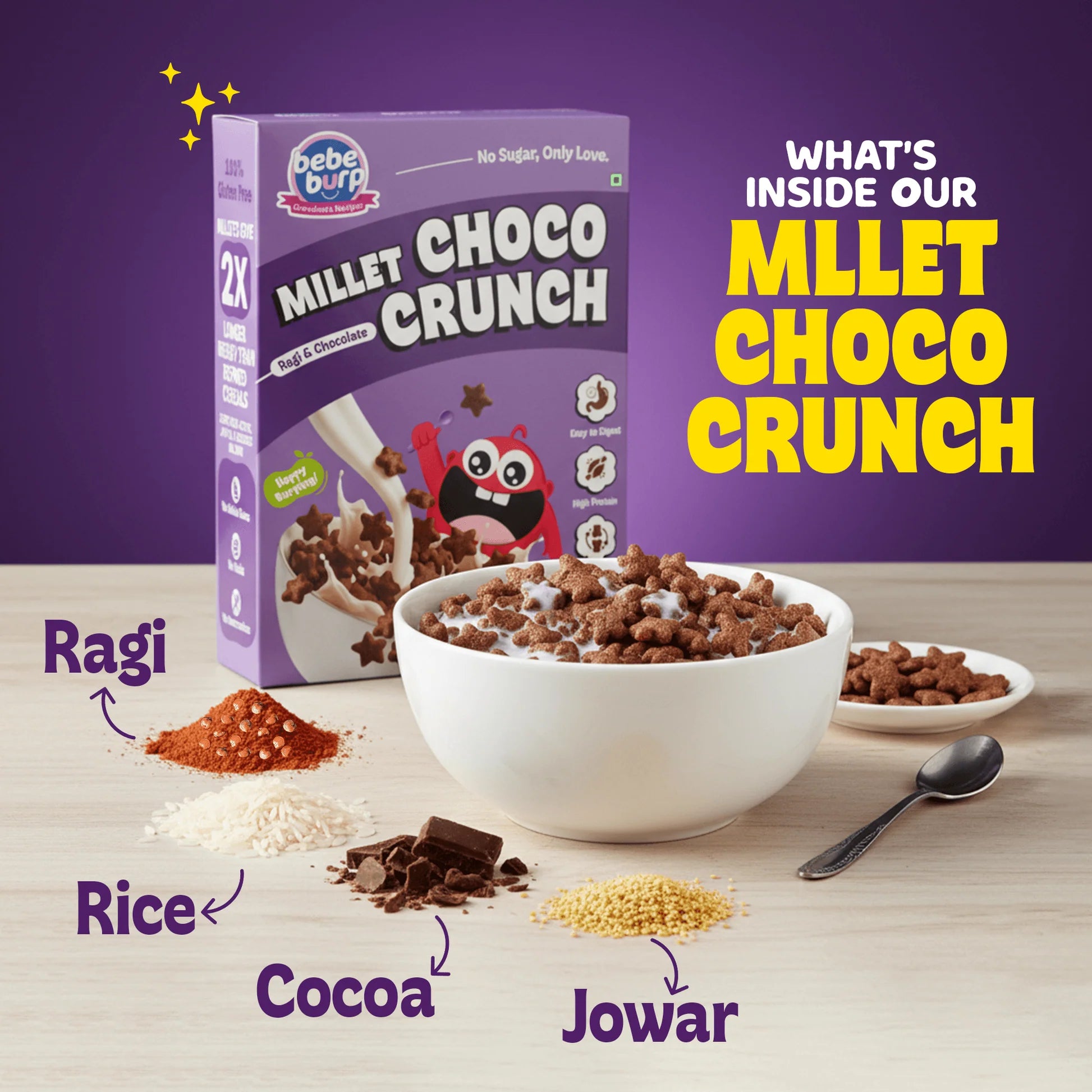 Choco Crunch | Millet Ragi & Chocolate Choco Crunch - 100% Gluten Free- Easy Digest, High Protein, High Calcium - (No Trans Fat, No Artificial Flavors & No Preservatives - Bebe Burp- 300gm