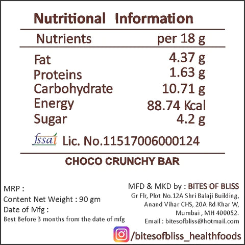 Choco Crunchy Bar | Natural - No Added Preservatives & No Added Sugar – Bites Of Bliss – 90gm