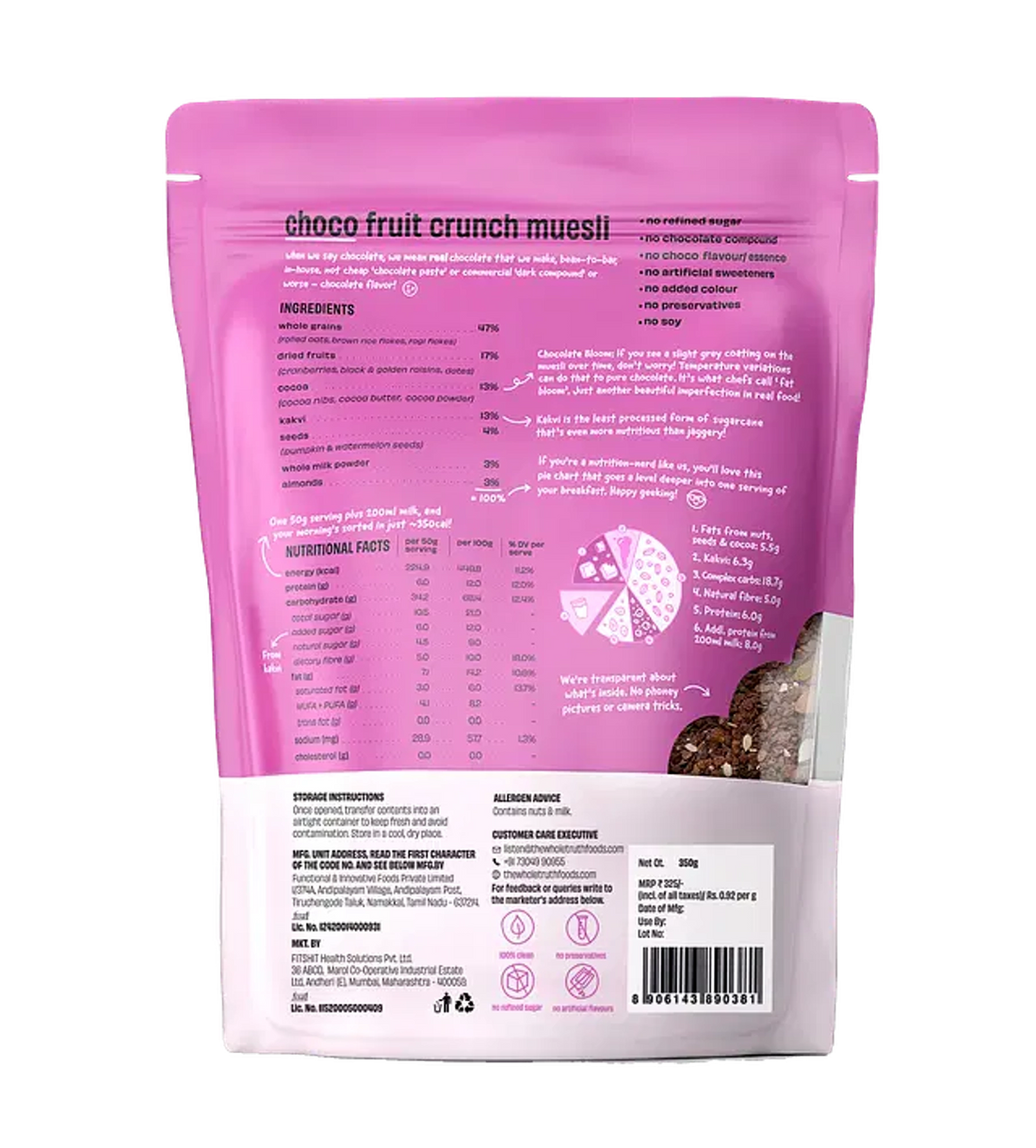 Muesli | Choco Fruit Crunch – Gluten Free, No Preservatives, No Added Flavor & No Artificial Sweetener – The Whole Truth – 750gm