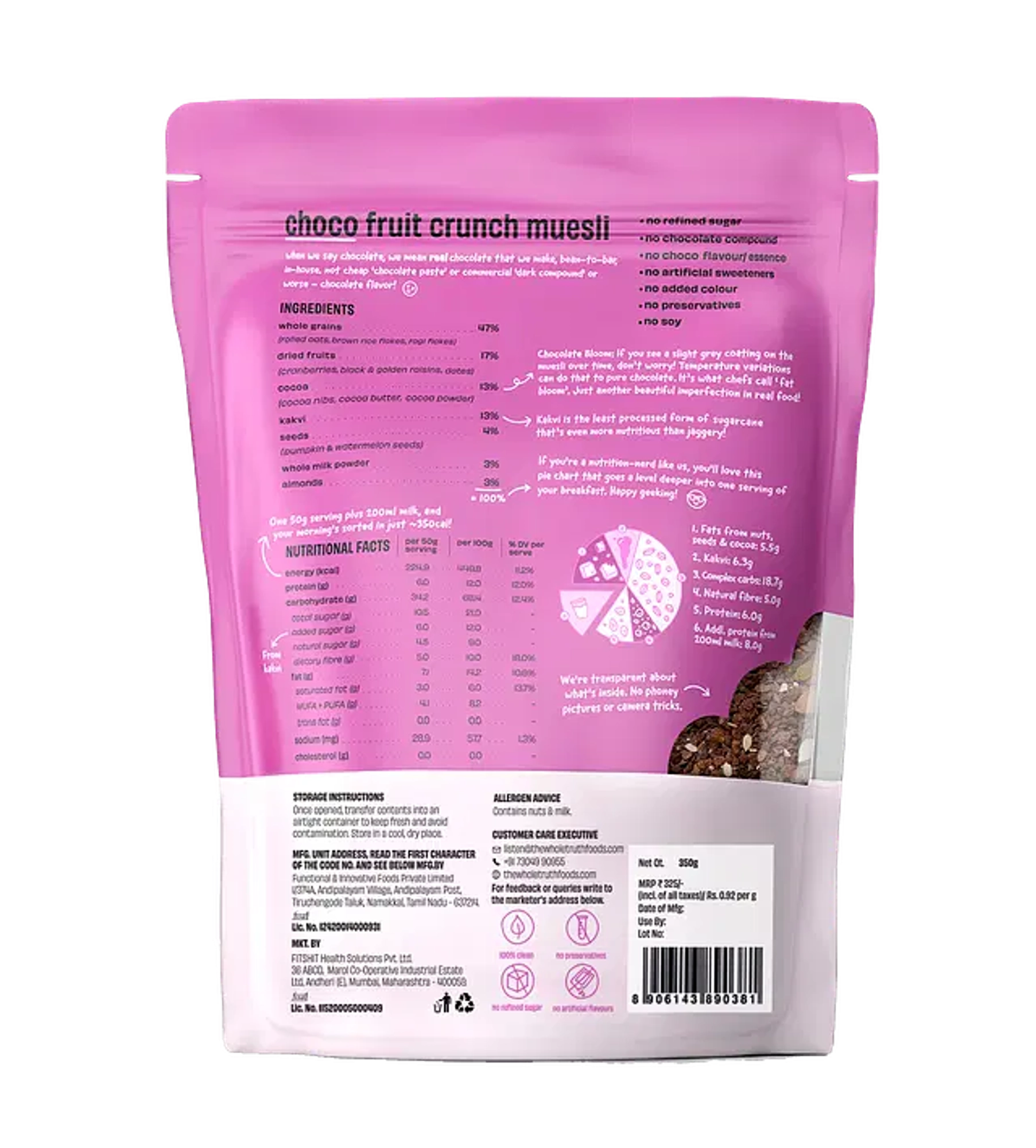 Muesli | Choco Fruit Crunch – Gluten Free, No Preservatives, No Added Flavor & No Artificial Sweetener – The Whole Truth – 750gm
