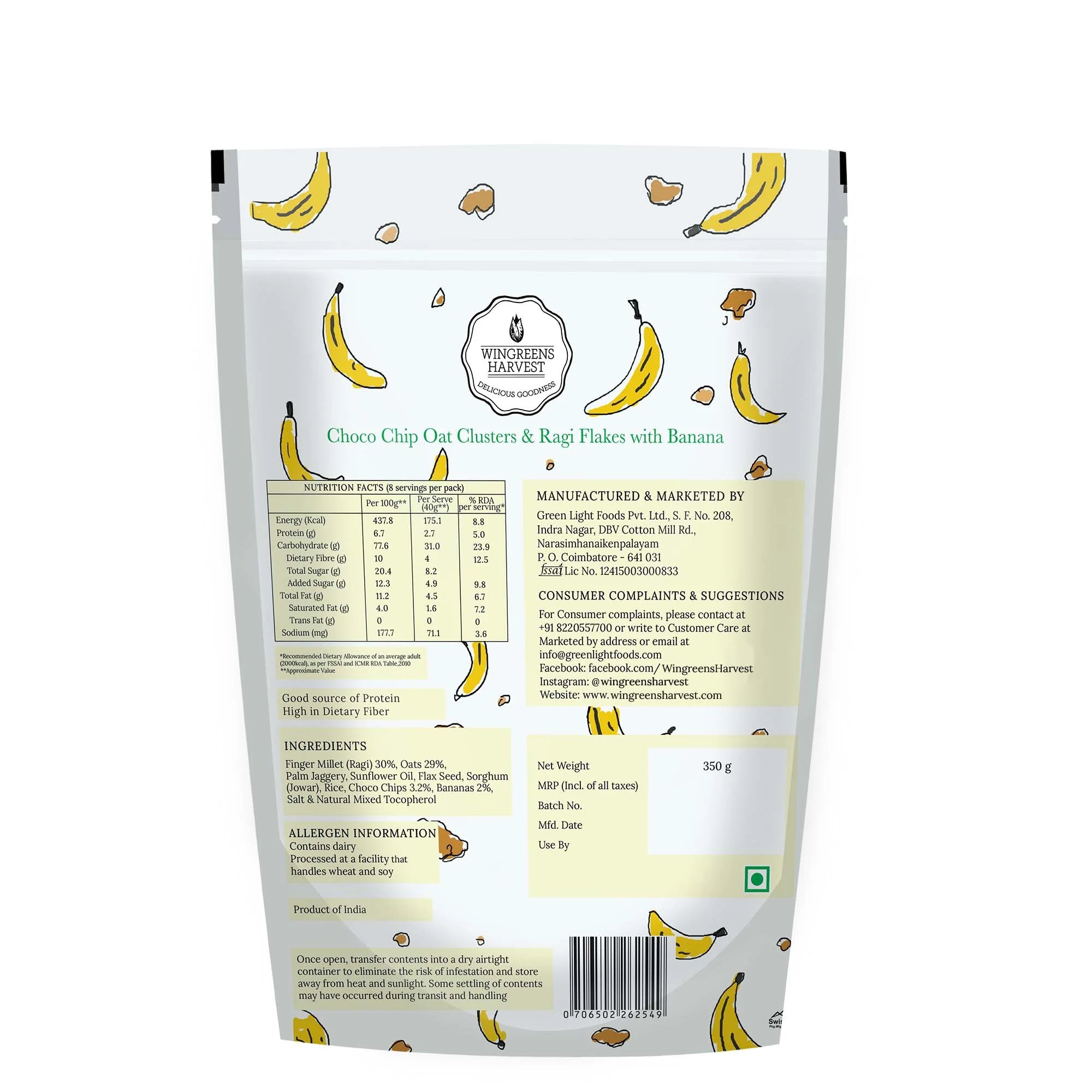 Chocochip Oat Clusters & Ragi Flakes With Banana - Wingreens Harvest - 350gm